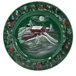 Waechtersbach Hand Painted Plate Winter Scene Green Barn Holiday Berries